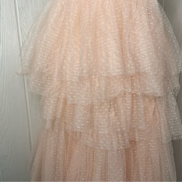 Just Me Floral Appliqué Tiered Dress One Shoulder Peach Pink M Tee Length Prom - Picture 6 of 12